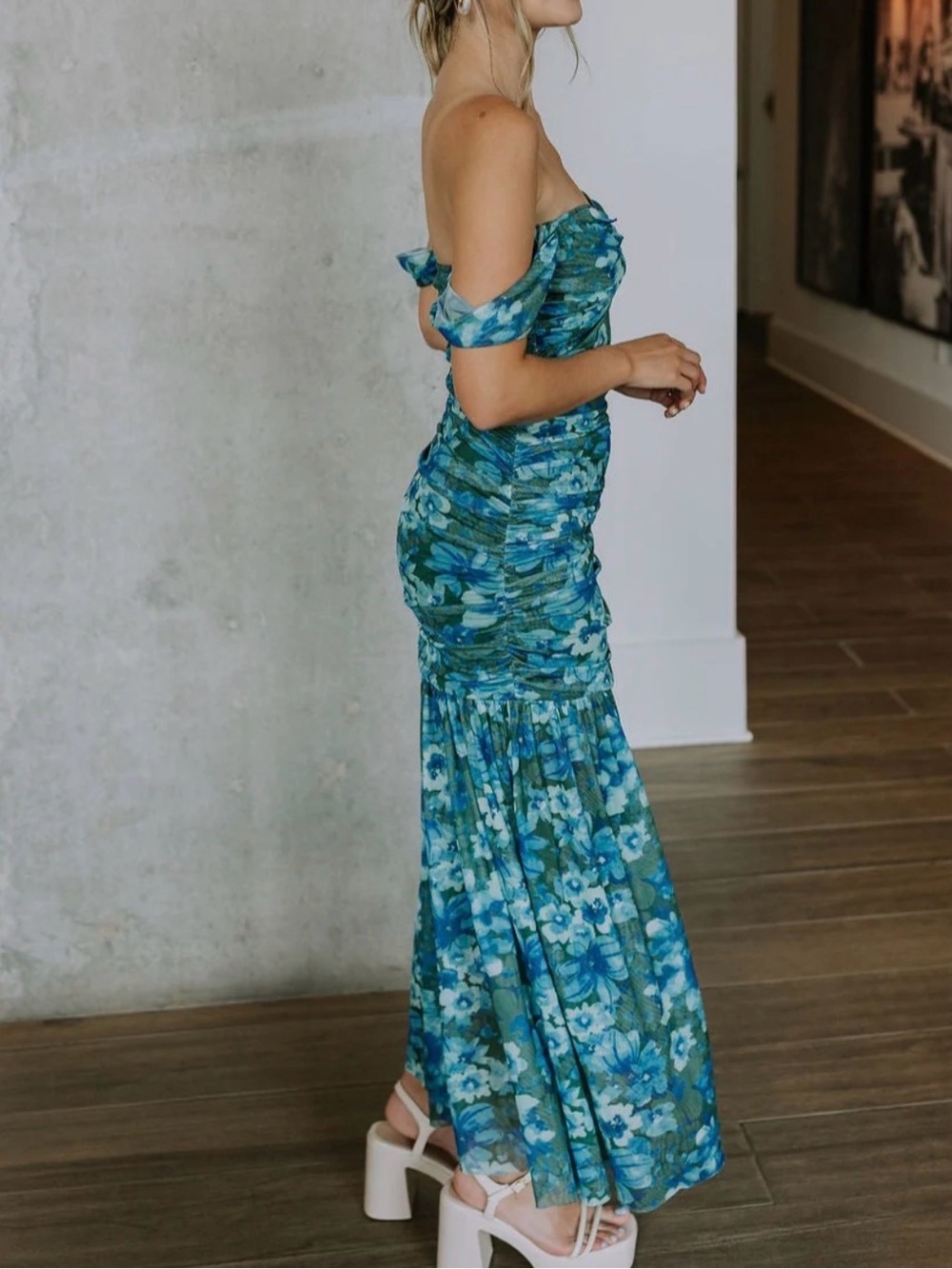 Promesa Blue and Green Floral Ruched Maxi Dress